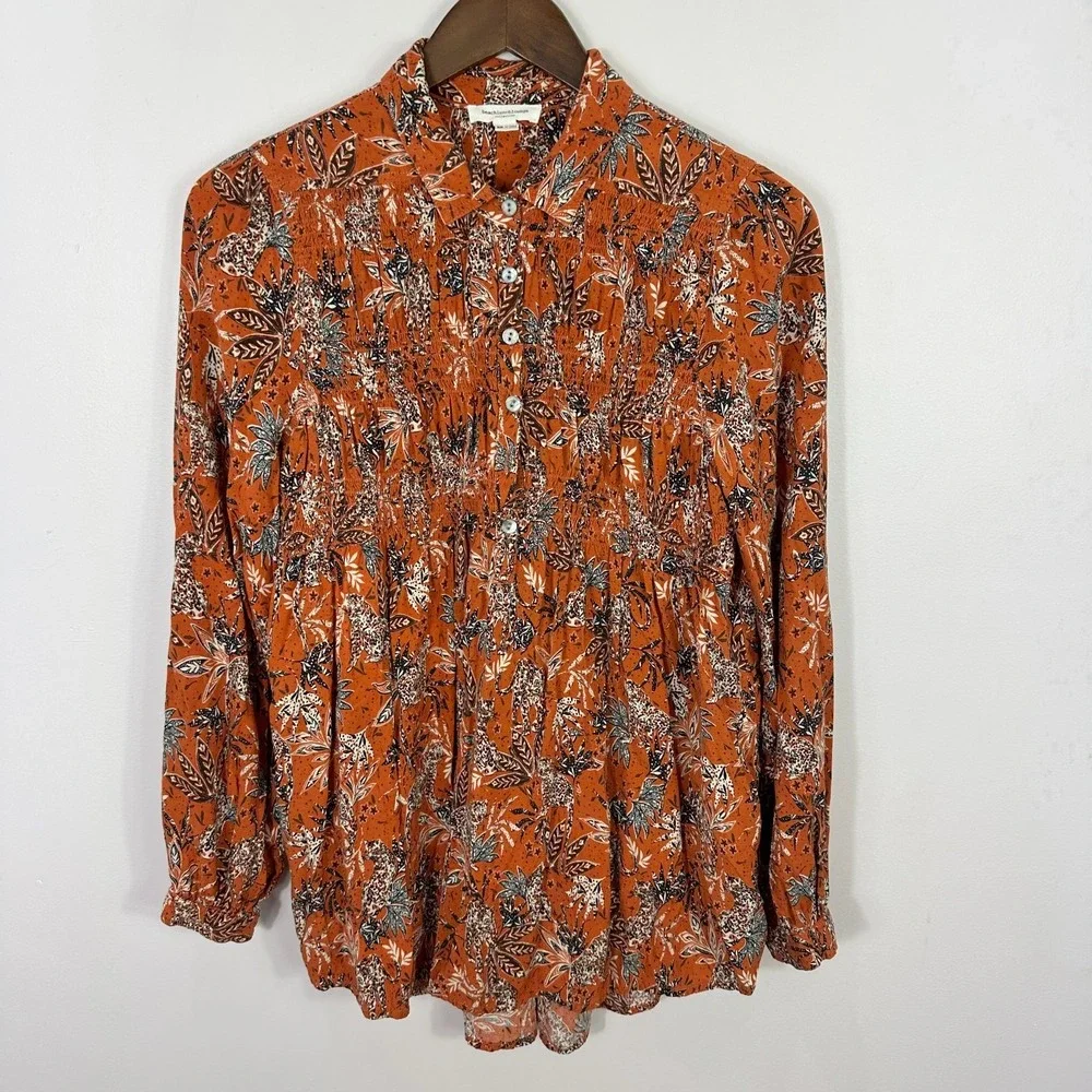 Beachlunchlounge Orange Floral Top Womens Small Long Sleeve‎ Boho Cottage Earthy